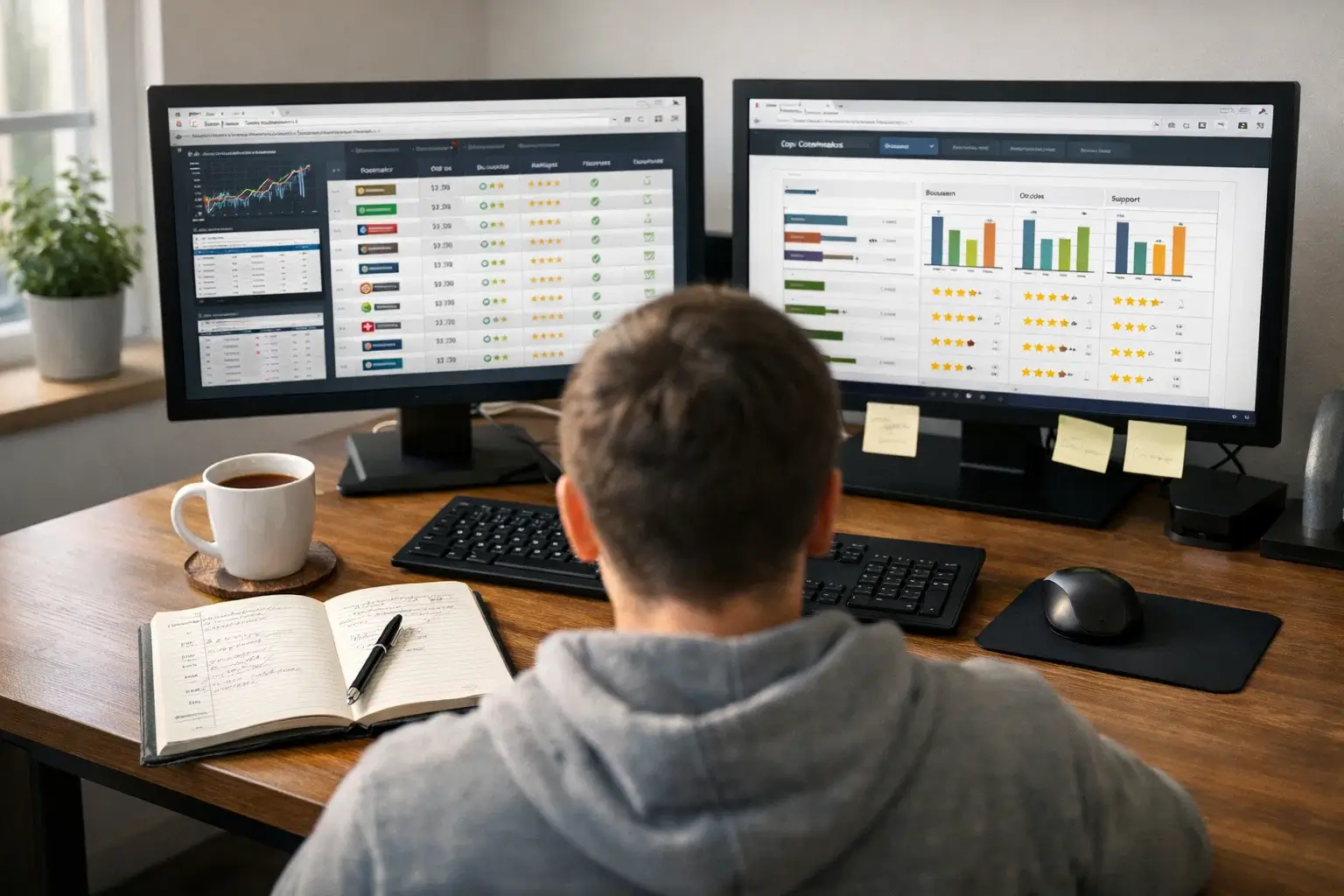 Persoon analyseert tennis wedstrijden op meerdere schermen in thuiskantoor