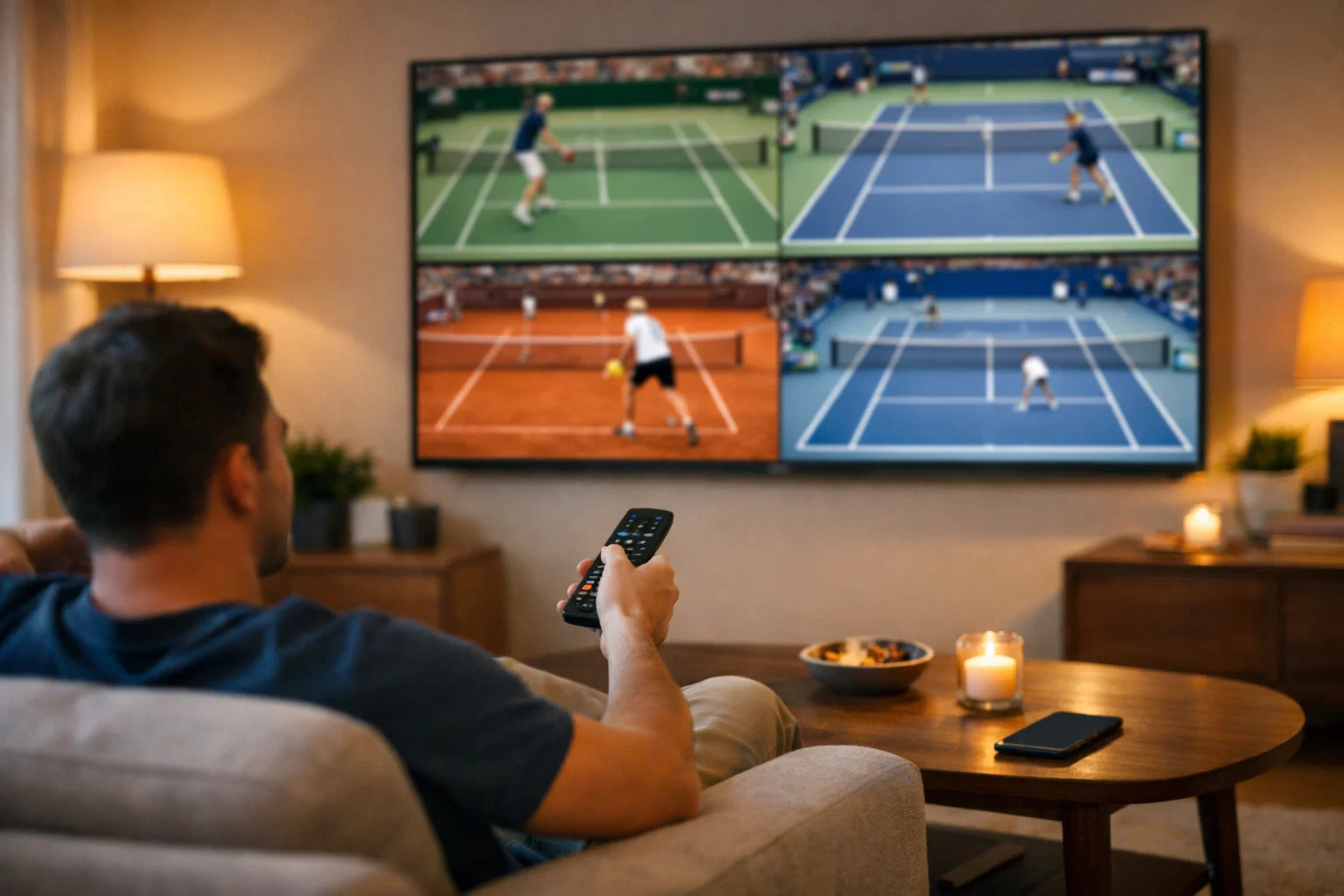 Persoon bekijkt meerdere tenniswedstrijden op scherm