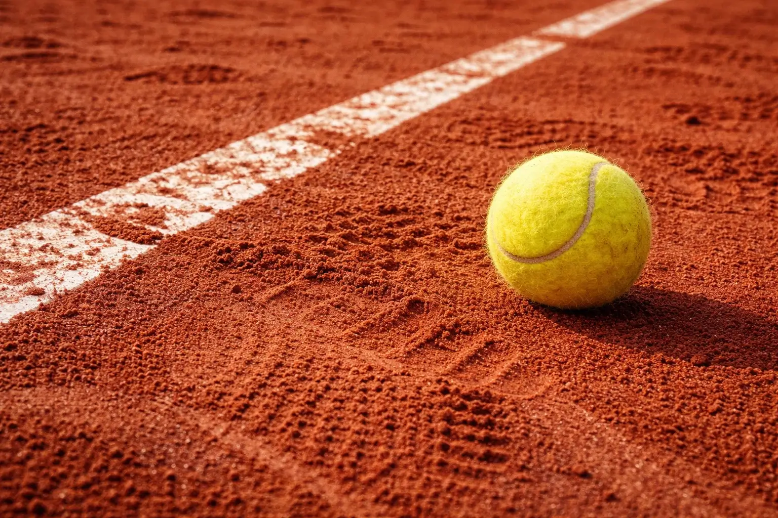 Close-up van rode gravel tennisbaan met tennisspeler voetafdrukken en bal