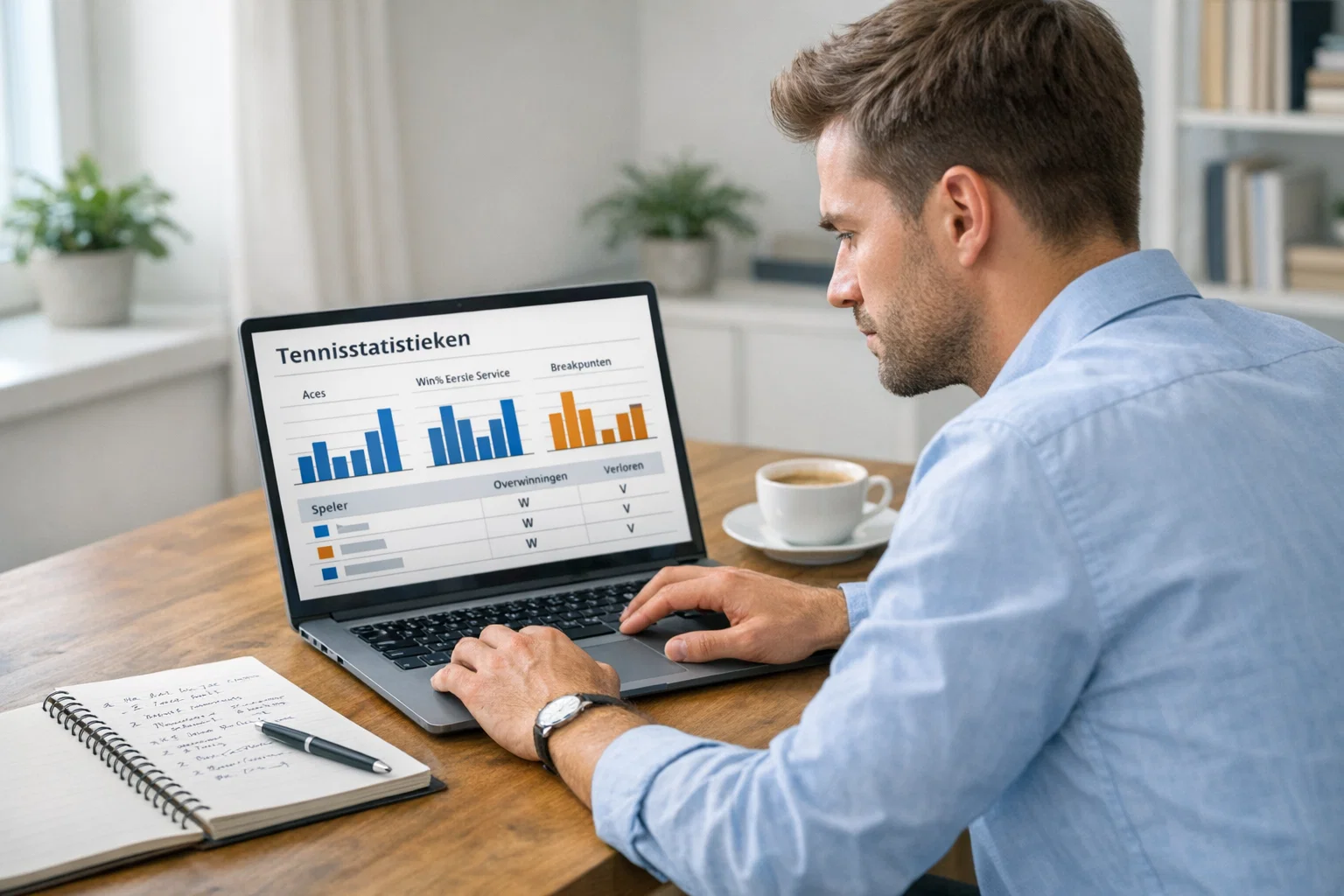 Man analyseert tennisstatistieken op laptop