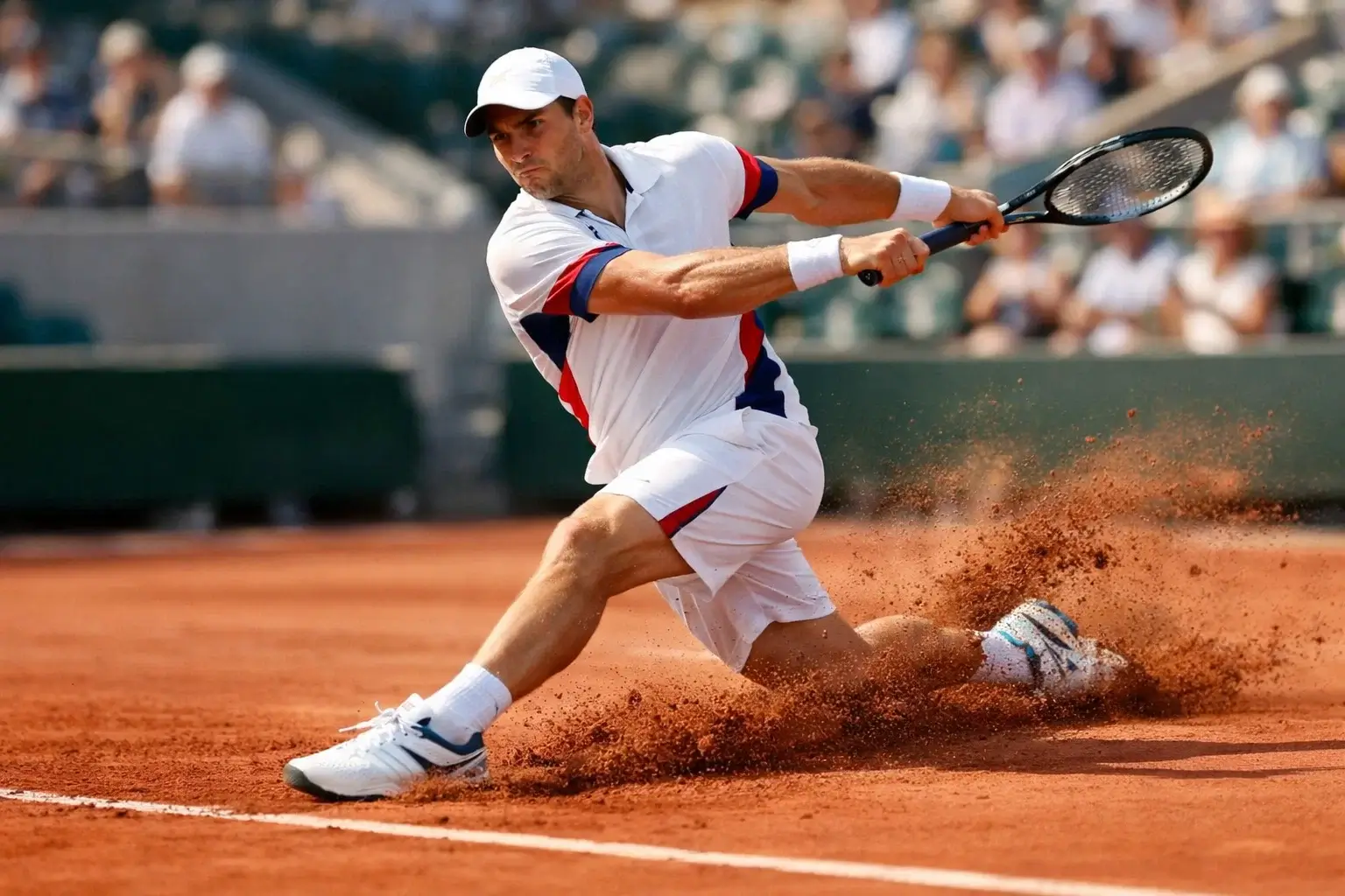 Professionele mannelijke tennisspeler slaat een forehand op gravelbaan