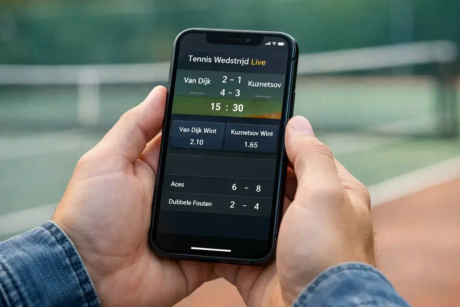 Smartphone met sportwedden app en tennisbaan op achtergrond