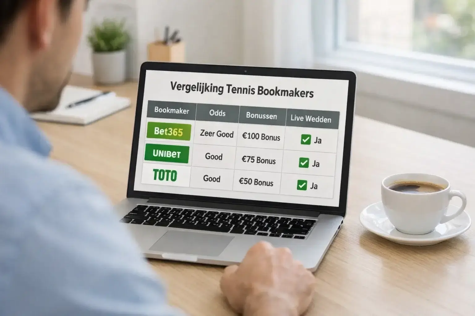 Vergelijkingstabel met bookmaker logo op laptopscherm