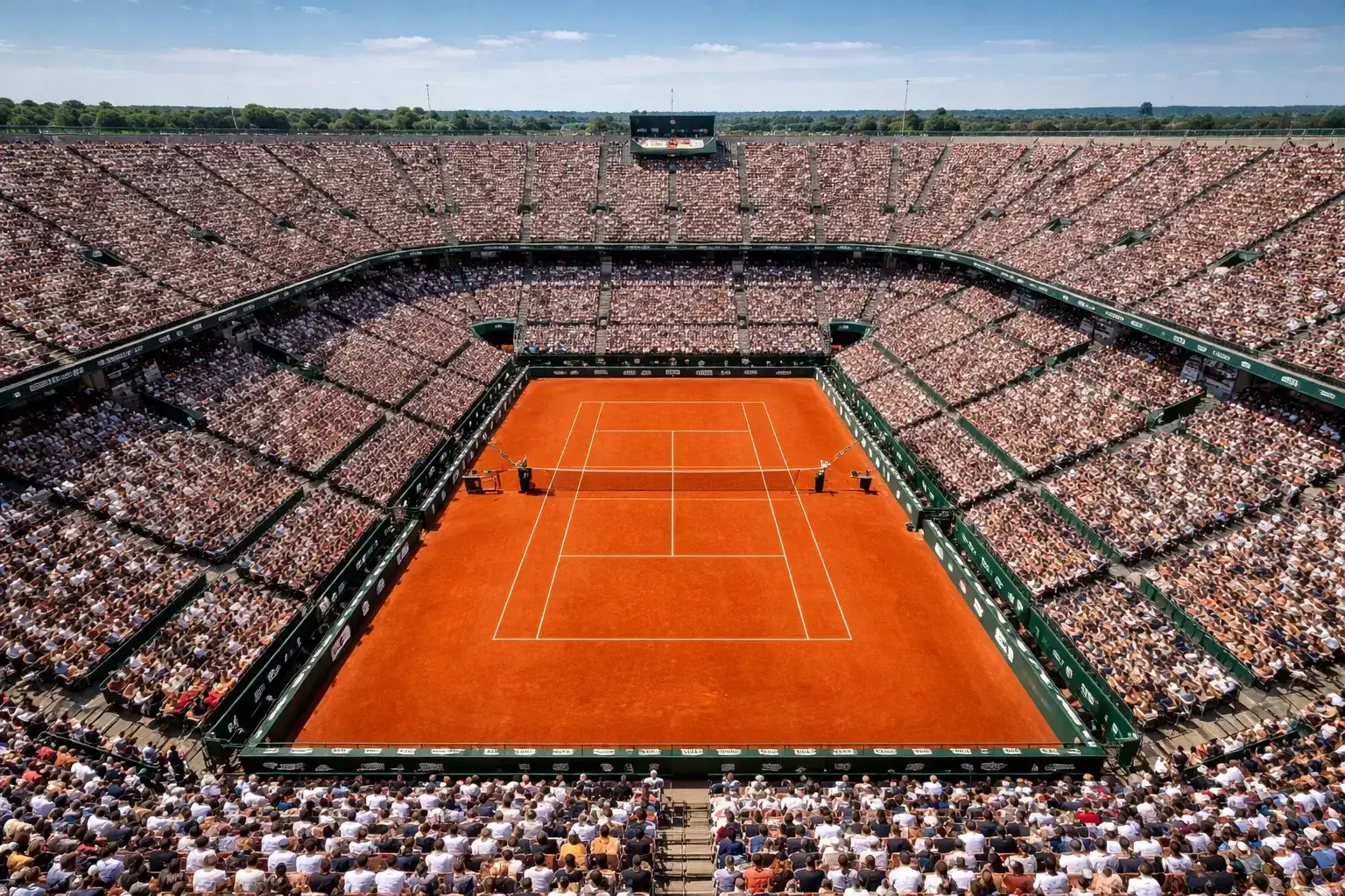 Roland Garros stadion met gravelcourt en publiek