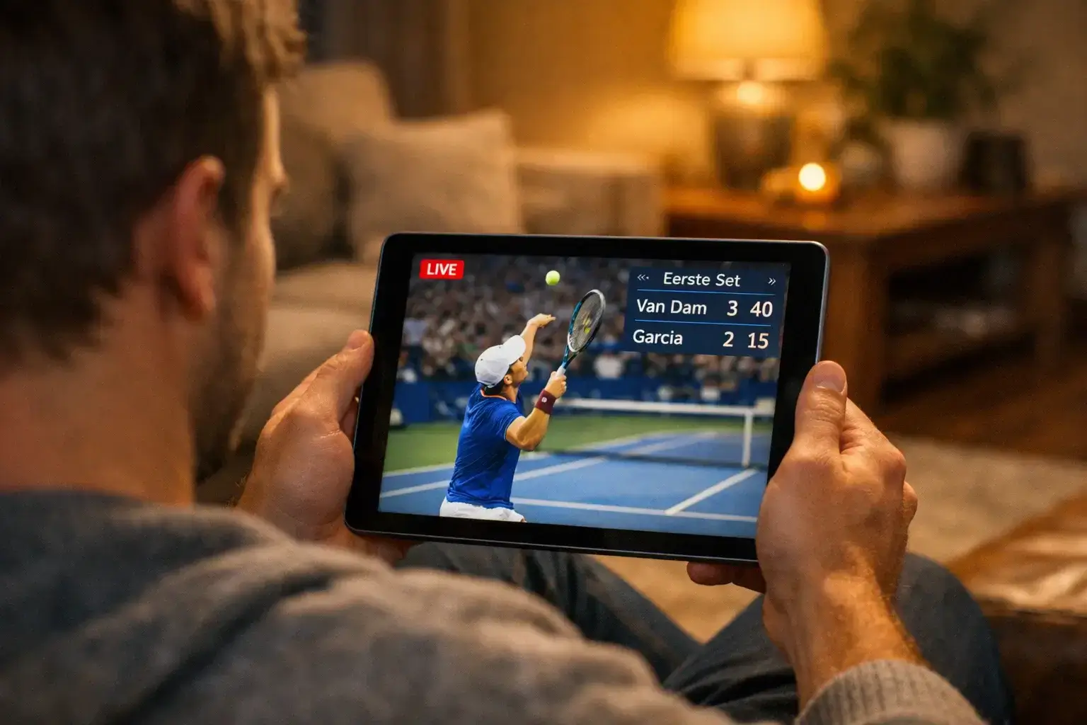 Live tennis streaming op tablet met wedstrijd in beeld
