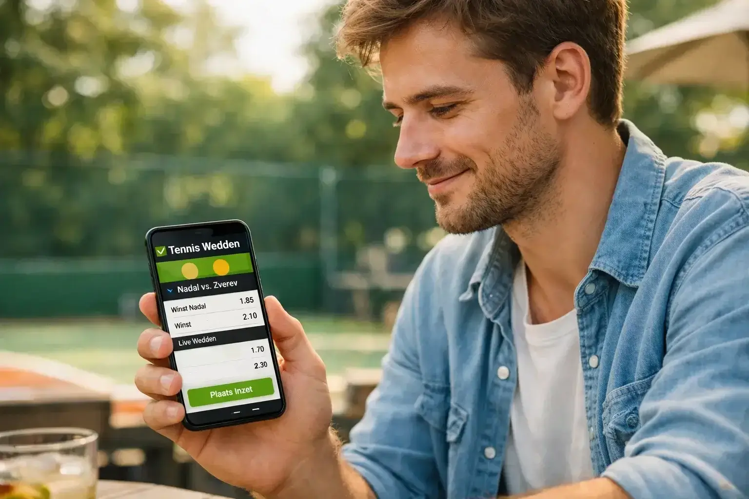 Persoon plaatst mobiele weddenschap op tennismatch