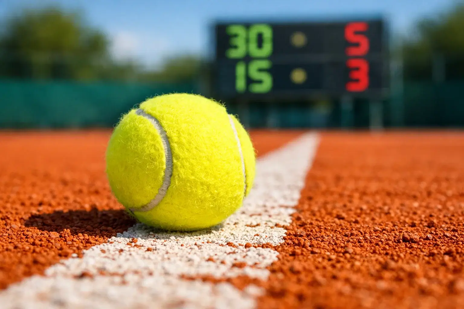 Tennisbal op lijn van gravelcourt met scorebord