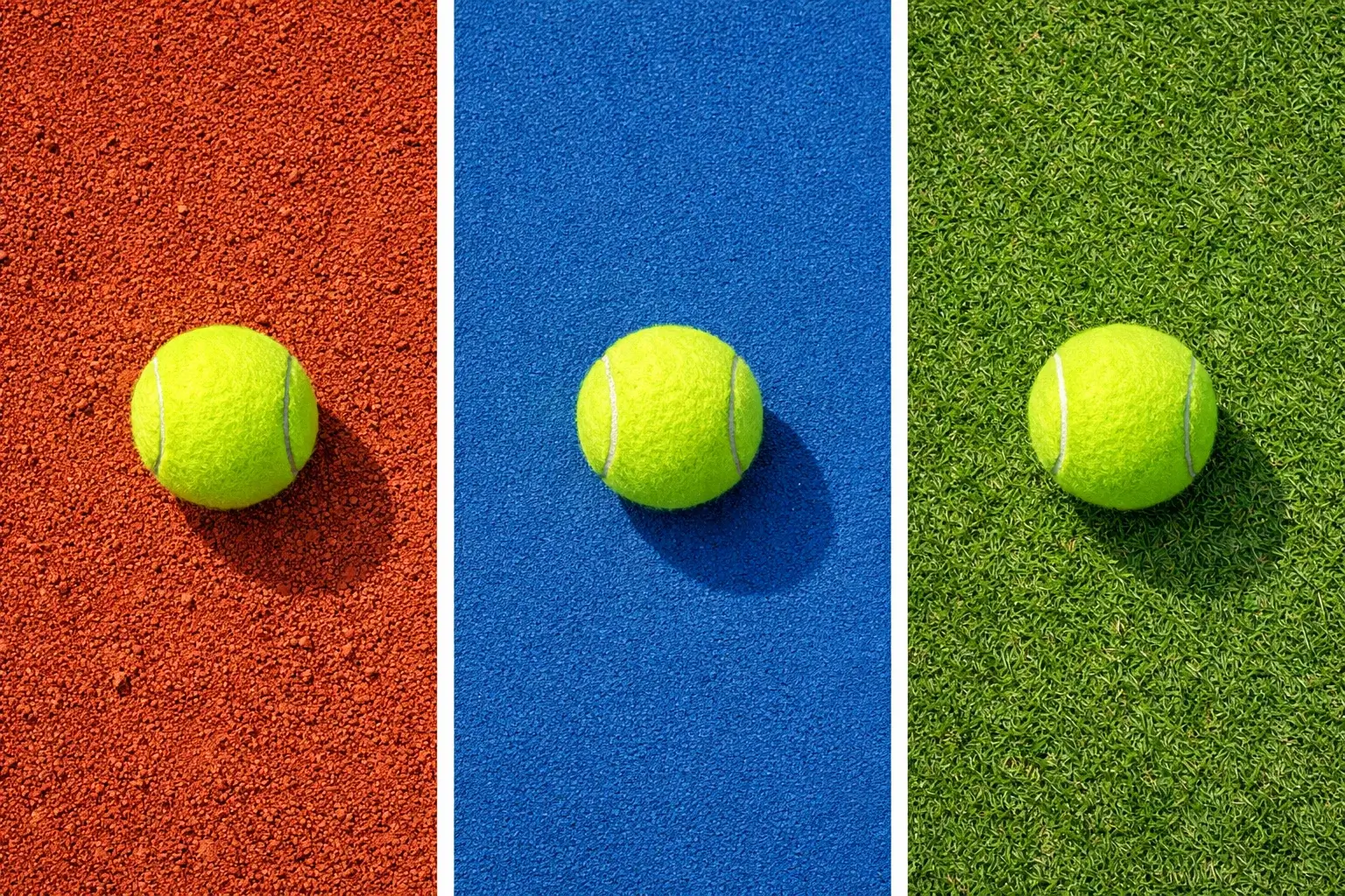 Drie verschillende tennisbaanondergronden naast elkaar
