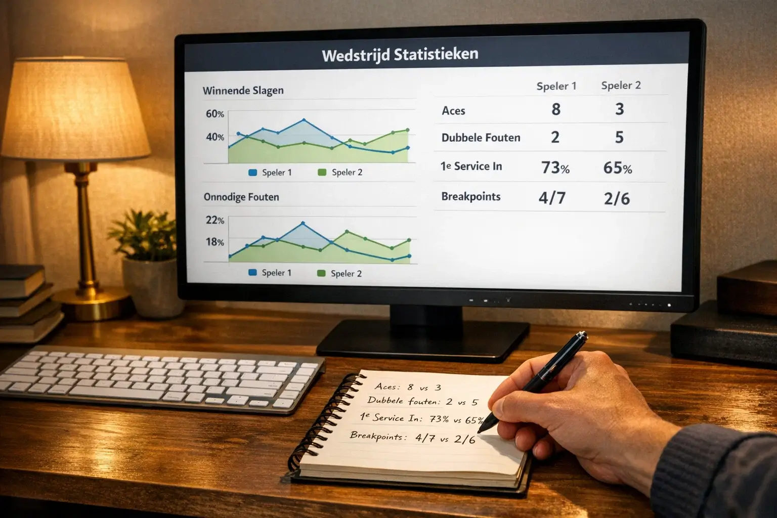 Tennisstatistieken en analyse op computerscherm