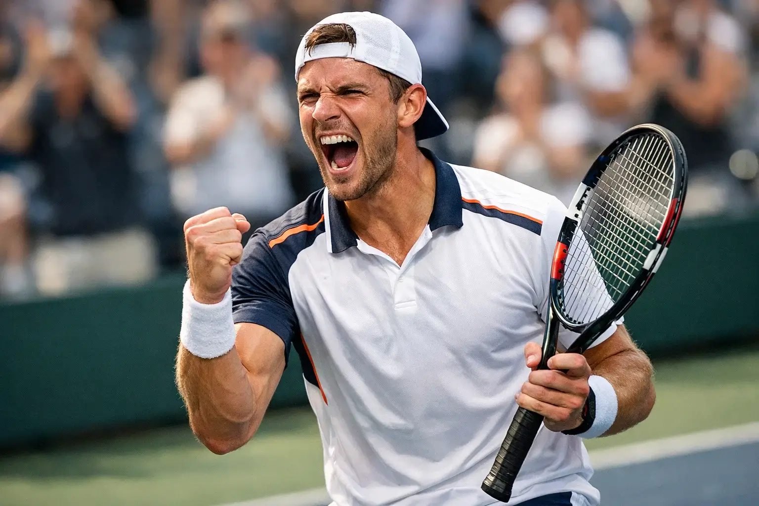 Tennisser viert gewonnen punt met vuistgebaar