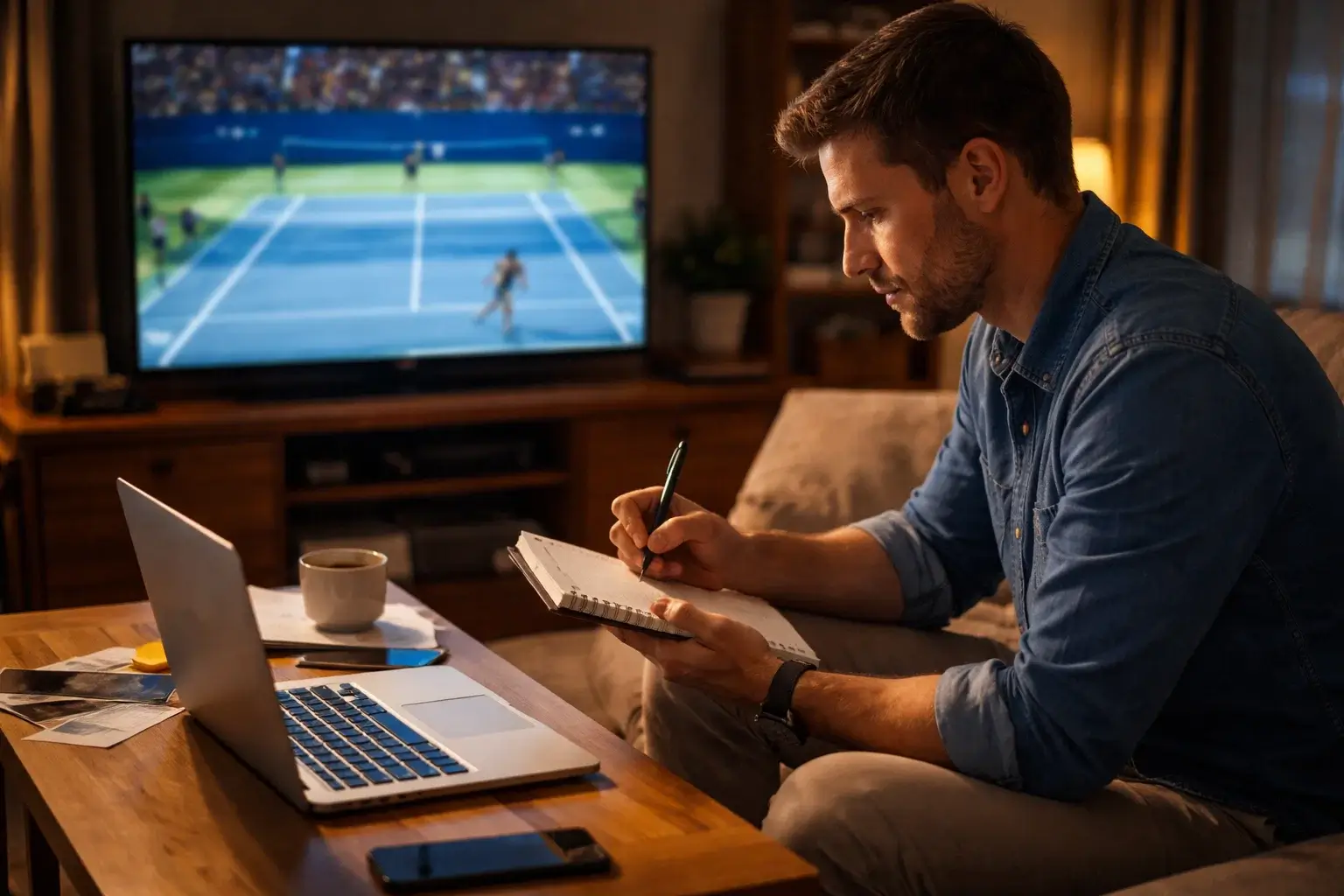 Persoon maakt notities tijdens het kijken naar tenniswedstrijd