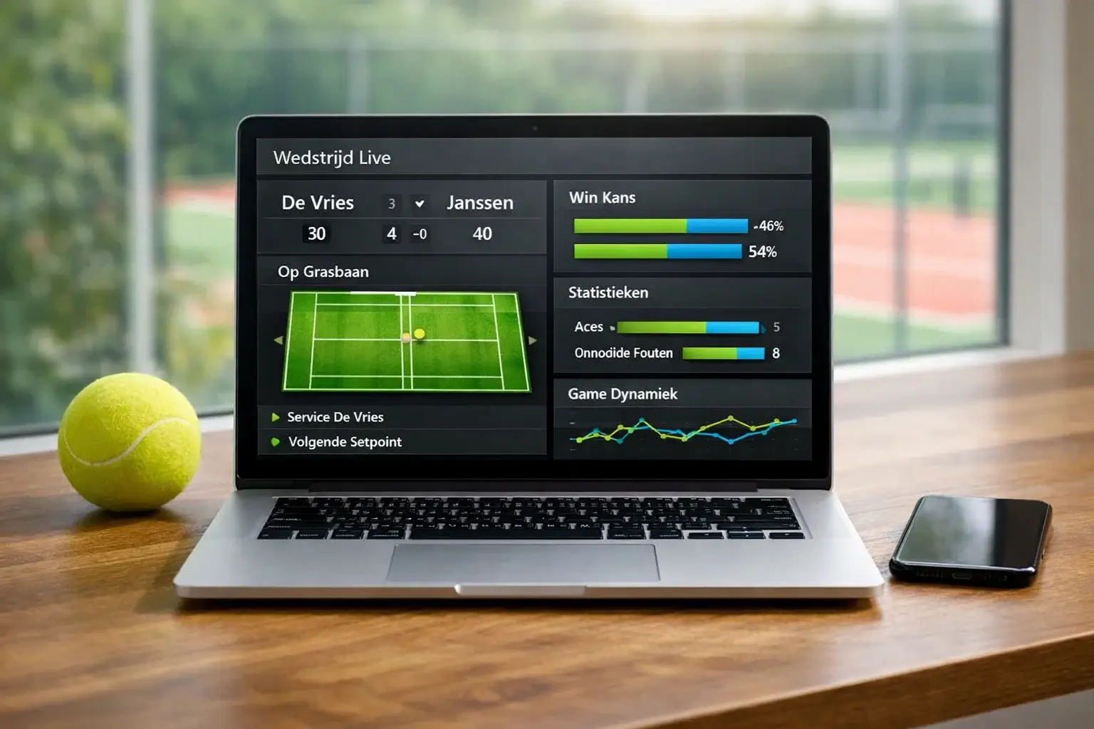 Laptop scherm met live tennis statistieken naast een tennisbaan