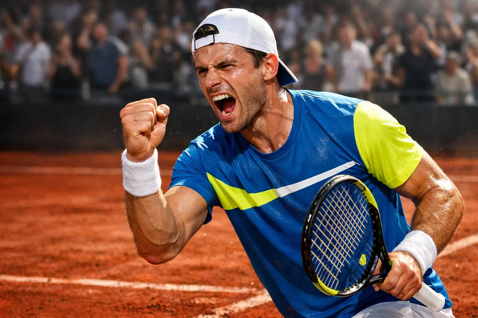 Tennisser toont emotie en vuistpomp na het winnen van een belangrijk punt