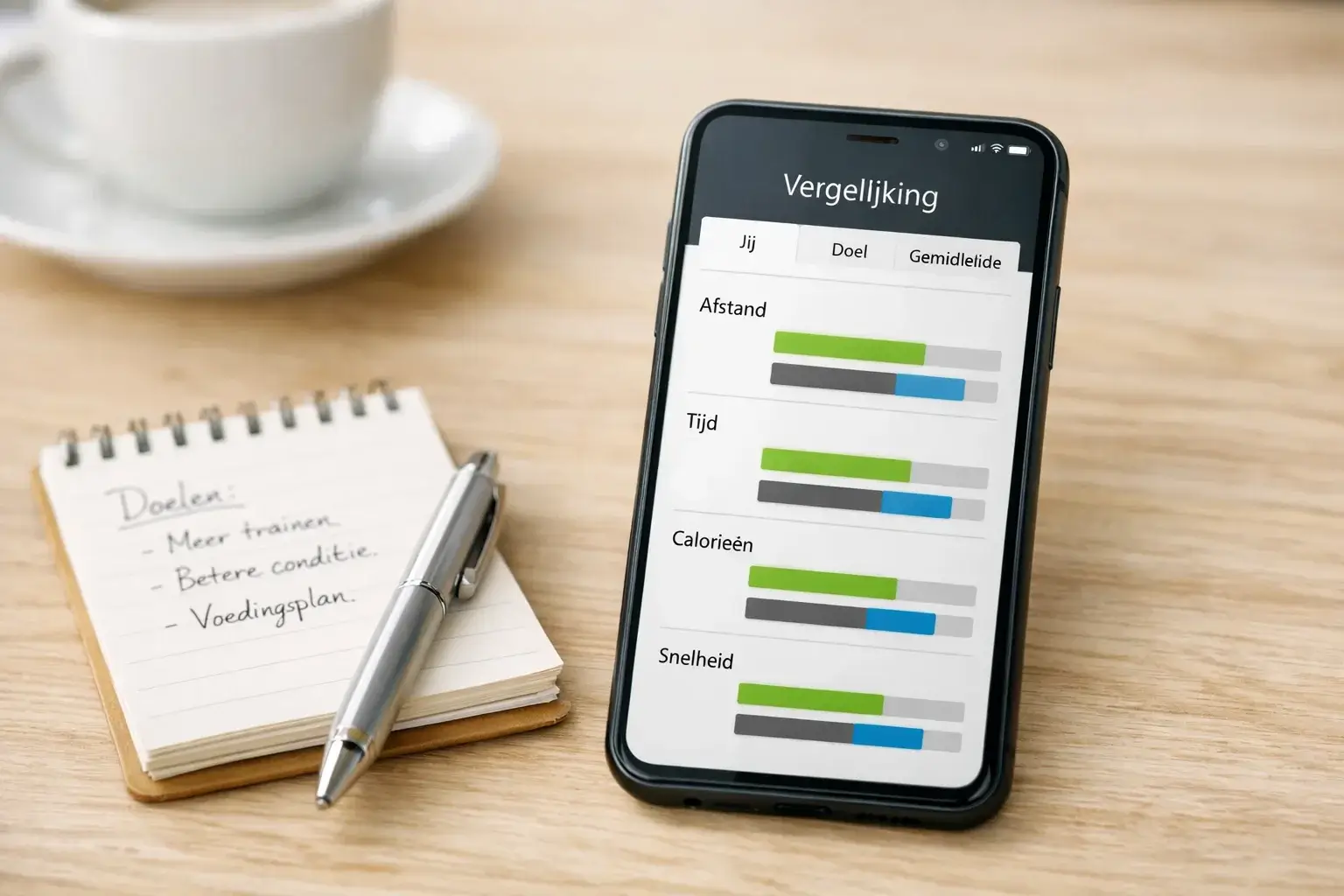 Smartphone met tennis app naast een notitieboek met wedstrategie