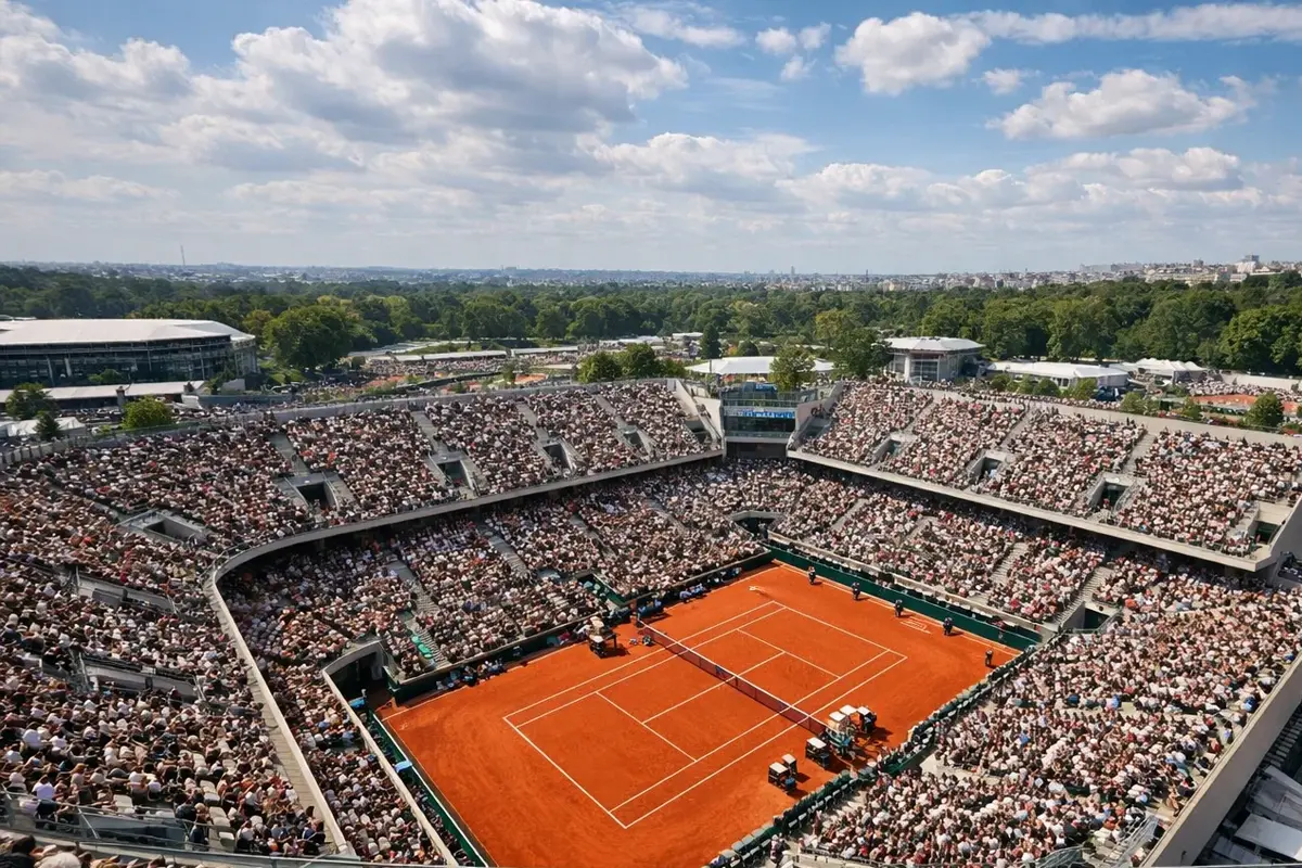 Overzicht van de gravelbanen van Roland Garros met volle tribunes tijdens het toernooi
