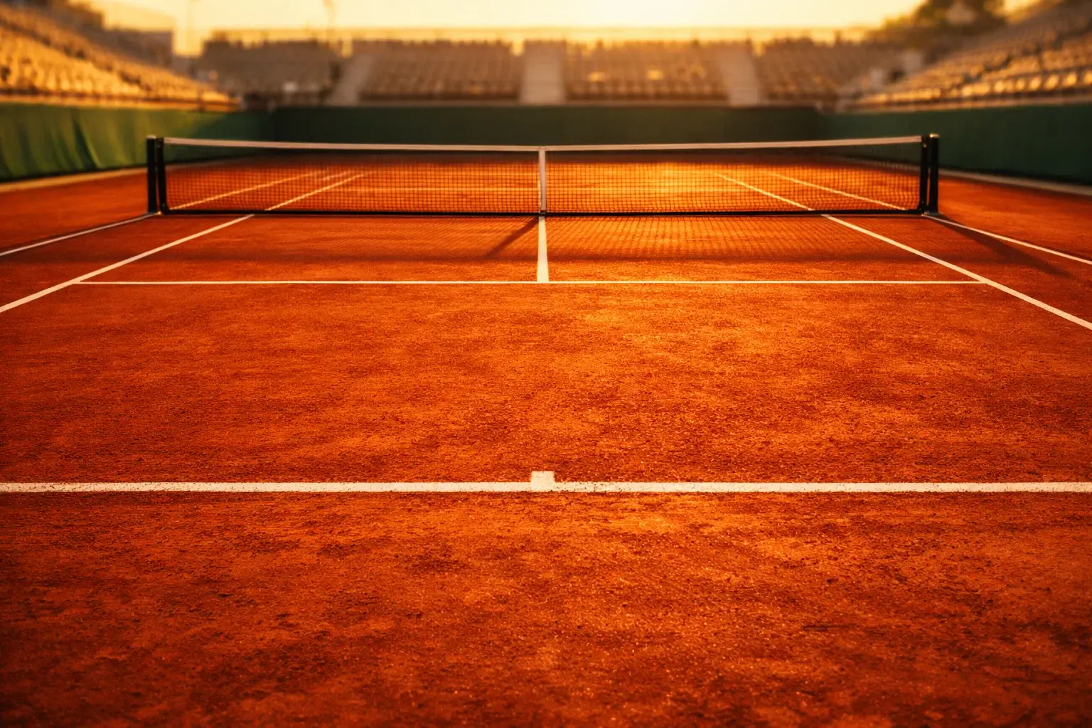 Tennisbaan op Roland Garros met rood gravel en witte lijnen tijdens zonsondergang