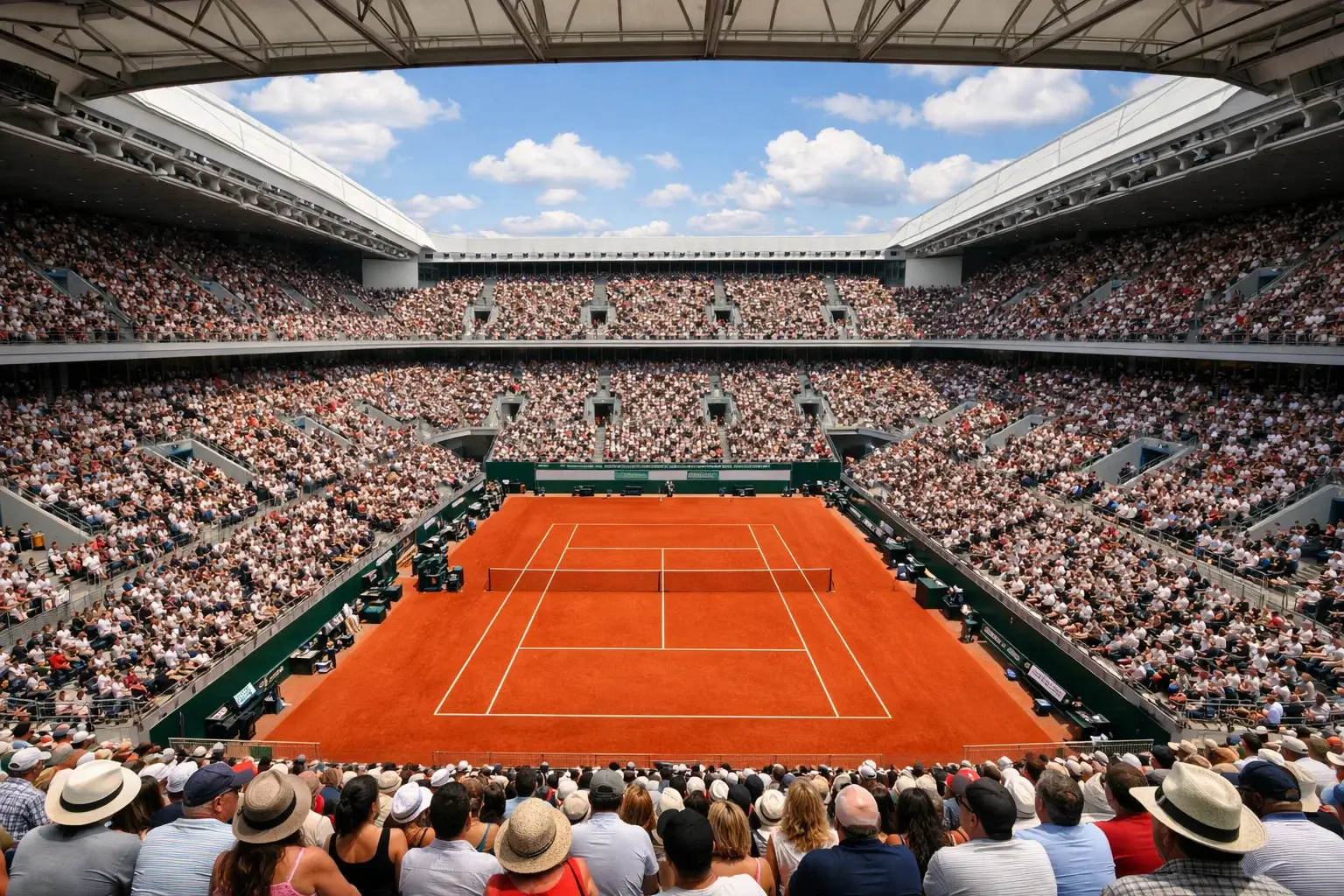 Volle tribune bij Court Philippe-Chatrier met toeschouwers tijdens Roland Garros