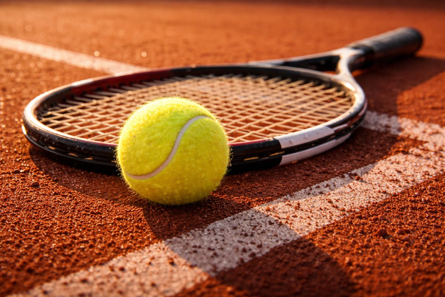 Close-up van tennisbal en racket op gravelondergrond