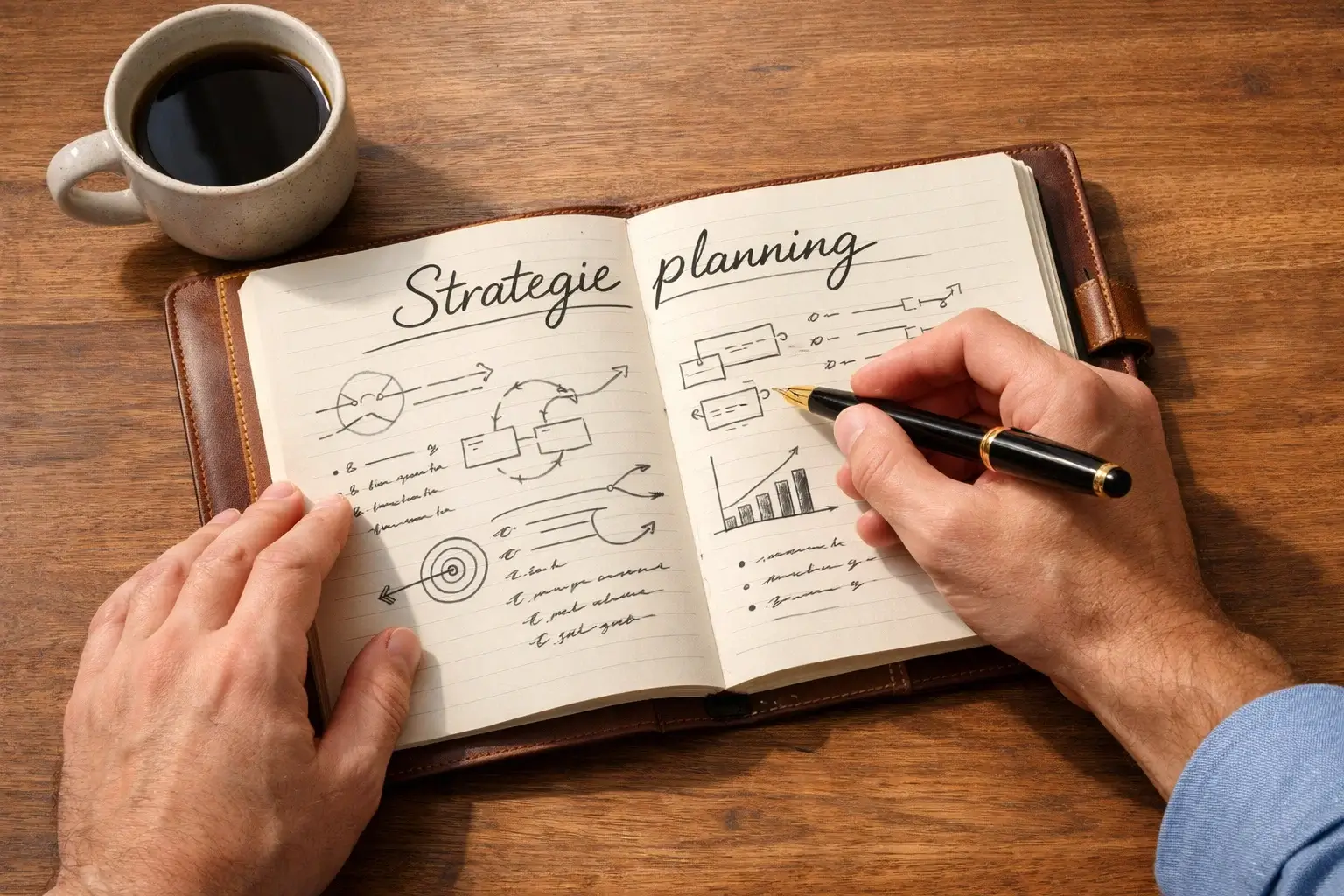 Persoon maakt aantekeningen in notitieboek met pen naast kop koffie