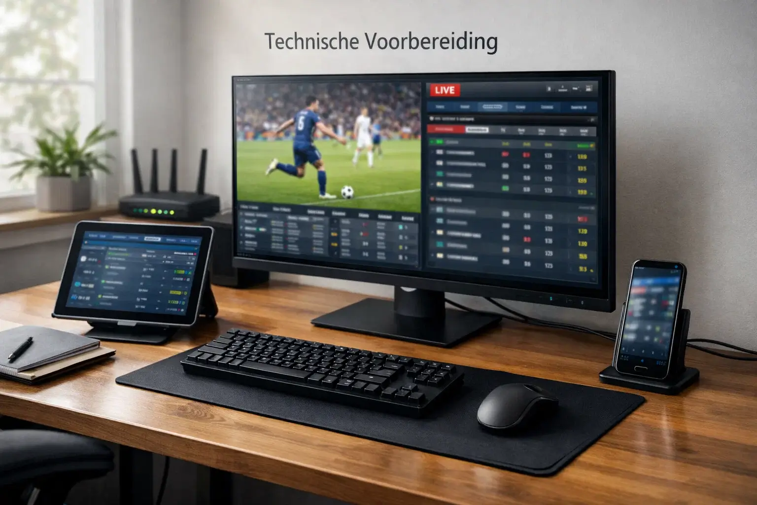 Professionele werkplek met computer en tablet voor live tennis wedden