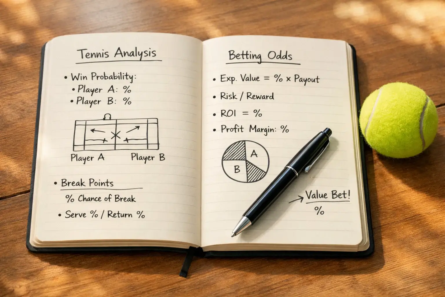 Notitieblok met tennisanalyse en pennen op houten bureau
