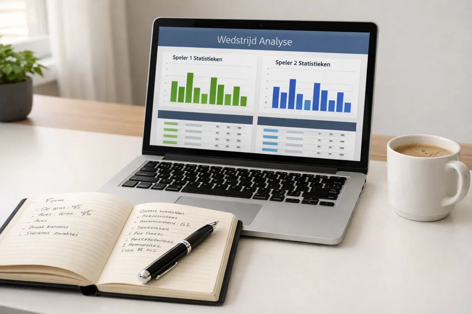 Laptop met tennis statistieken en notitieblok met wedstrategie aantekeningen