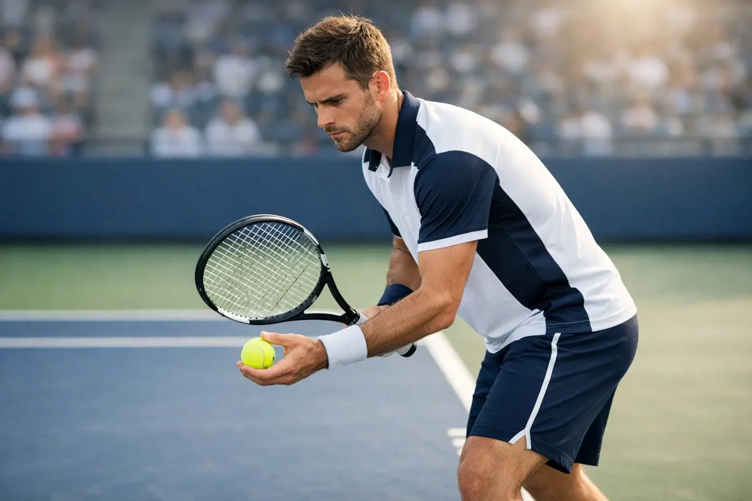 Tennisspeler concentreert zich voor een service op hardcourt